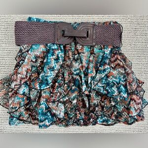 Rachael & Chloe Teal, Brown & Rust Printed Ruffled Mini Skirt with Braided Belt